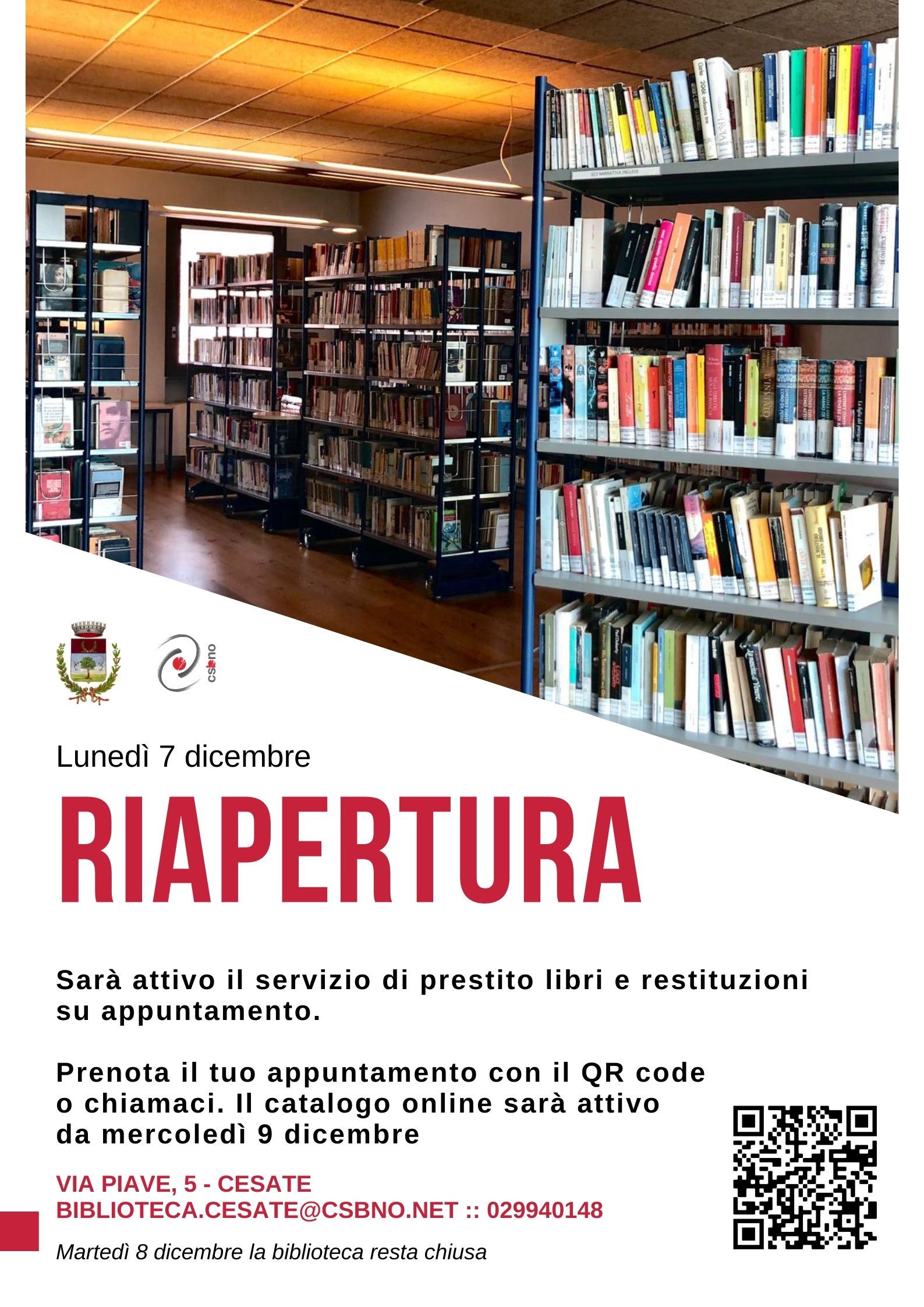 La Biblioteca Comunale di Cesate riapre lunedì 7 dicembre