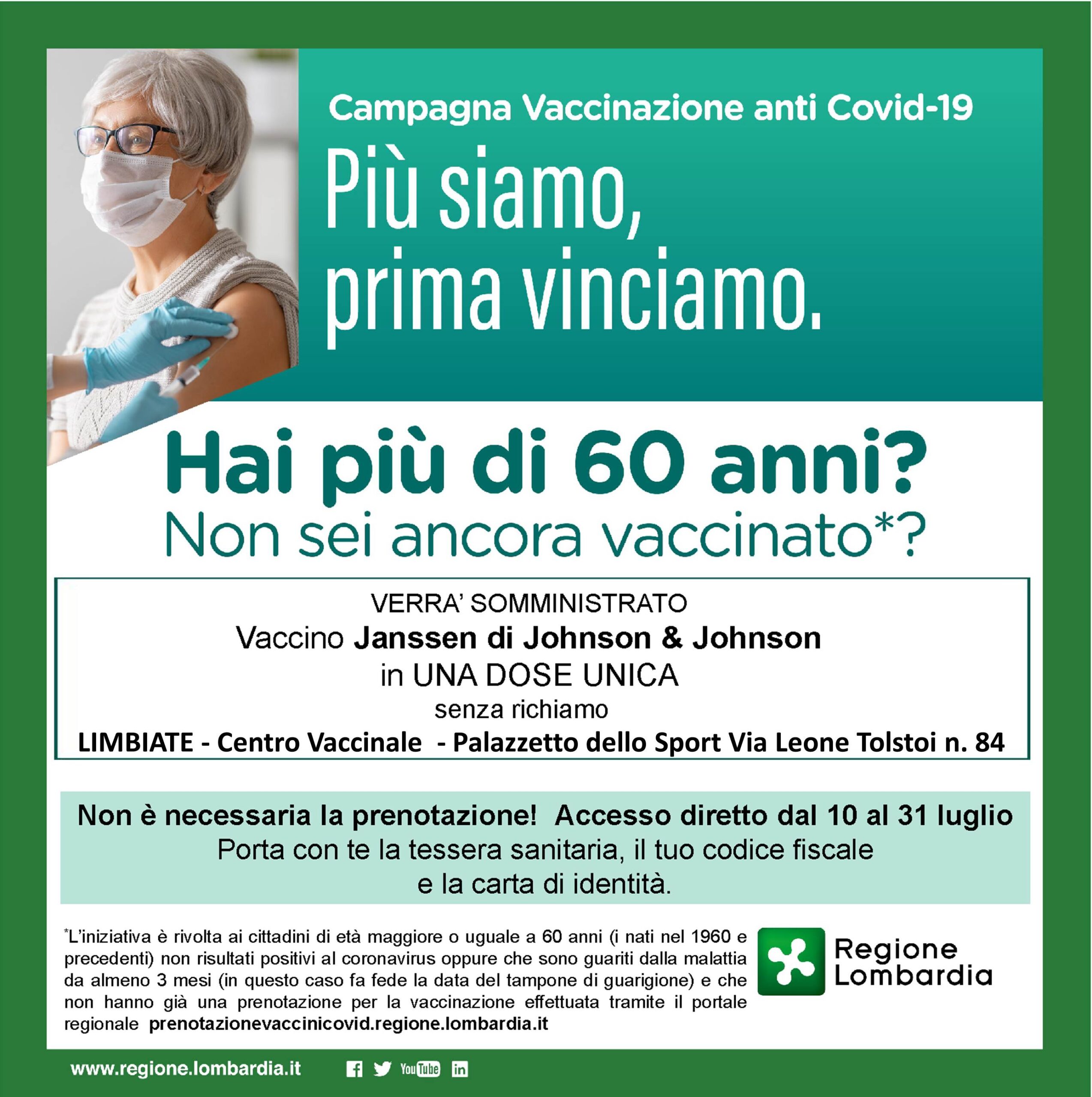 Vaccinazioni over 60 – a Limbiate senza prenotazione fino al 31 luglio